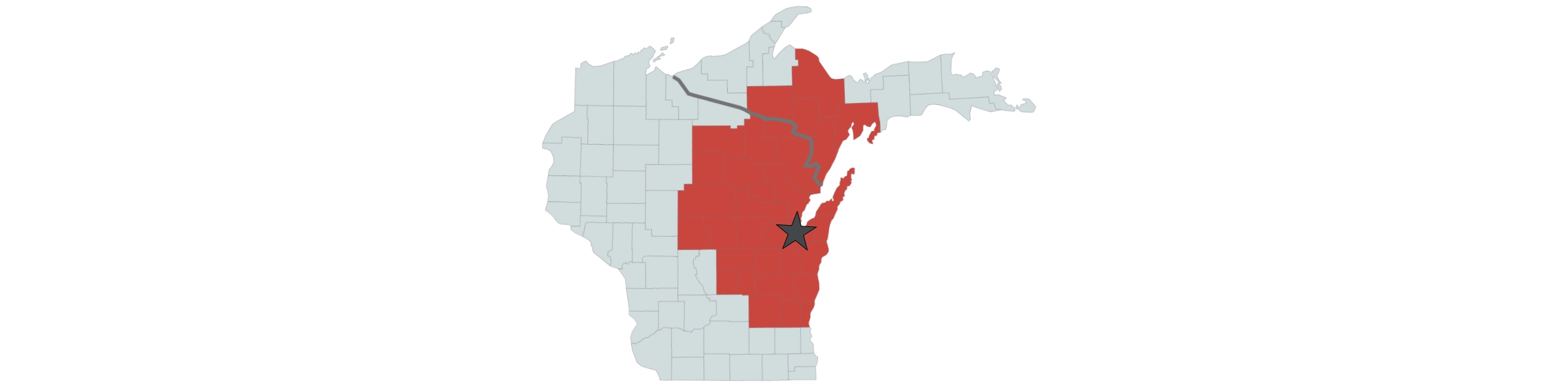 Baril Engine's pickup and delivery service map encompassing 28 counties in Wisconsin and Michigan's Upper Peninsula.